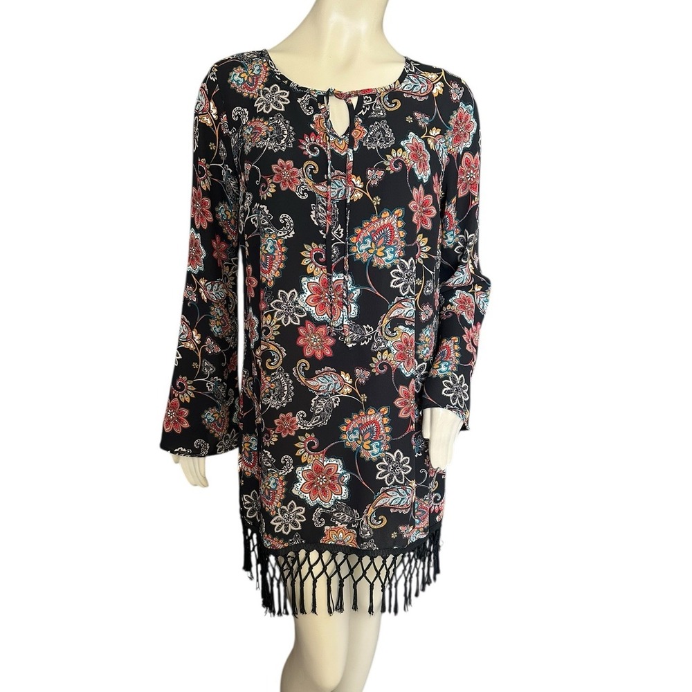 Rue 21 Floral Fringe Hem Dress Women's Sz L Keyhole Front Tie Black Tassels Bead
